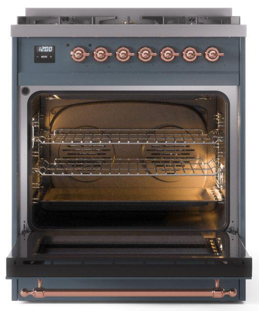 Ilve UP30NMPBGPLP Nostalgie Ii 30 Inch Dual Fuel Liquid Propane Freestanding Range In Blue Grey With Copper Trim