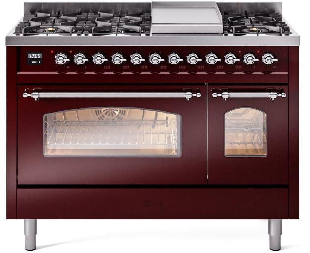 Ilve UP48FNMPBUCLP Nostalgie Ii 48 Inch Dual Fuel Liquid Propane Freestanding Range In Burgundy With Chrome Trim