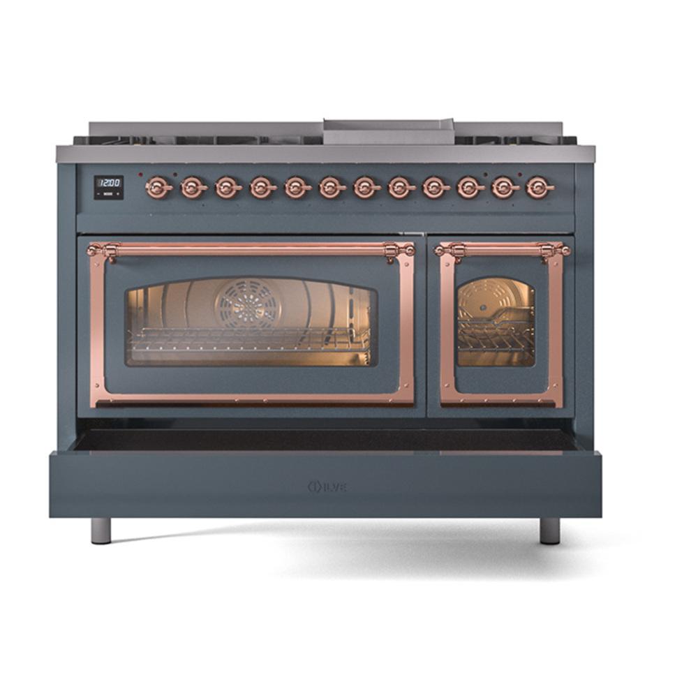 Ilve UN48FNMPBGPLP Ilve Un48Fnmpbgplp Nostalgie Ii Noblesse 48" Dual Fuel Range (8 Sealed Burners + Griddle, Liquid Propane, Triple Glass Door, Blue Grey, Copper)