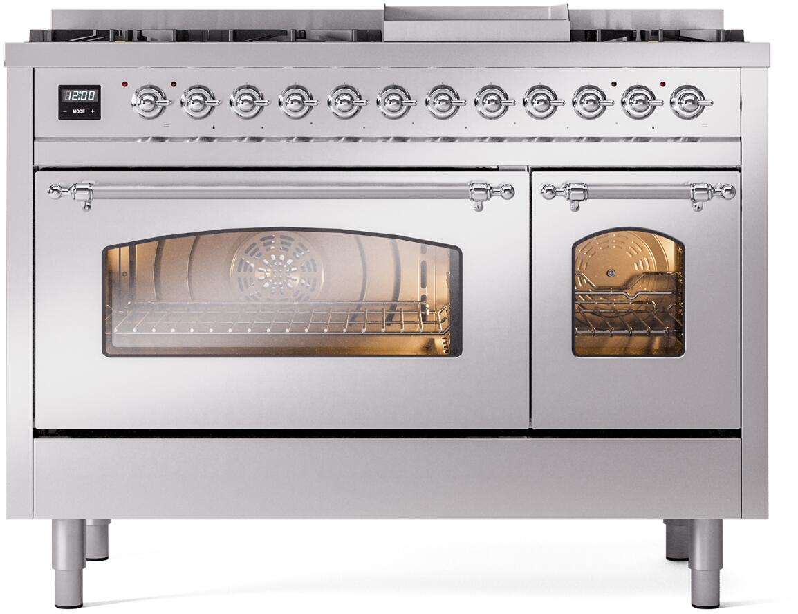 Ilve UP48FNMPSSCLP Nostalgie Ii 48 Inch Dual Fuel Liquid Propane Freestanding Range In Stainless Steel With Chrome Trim