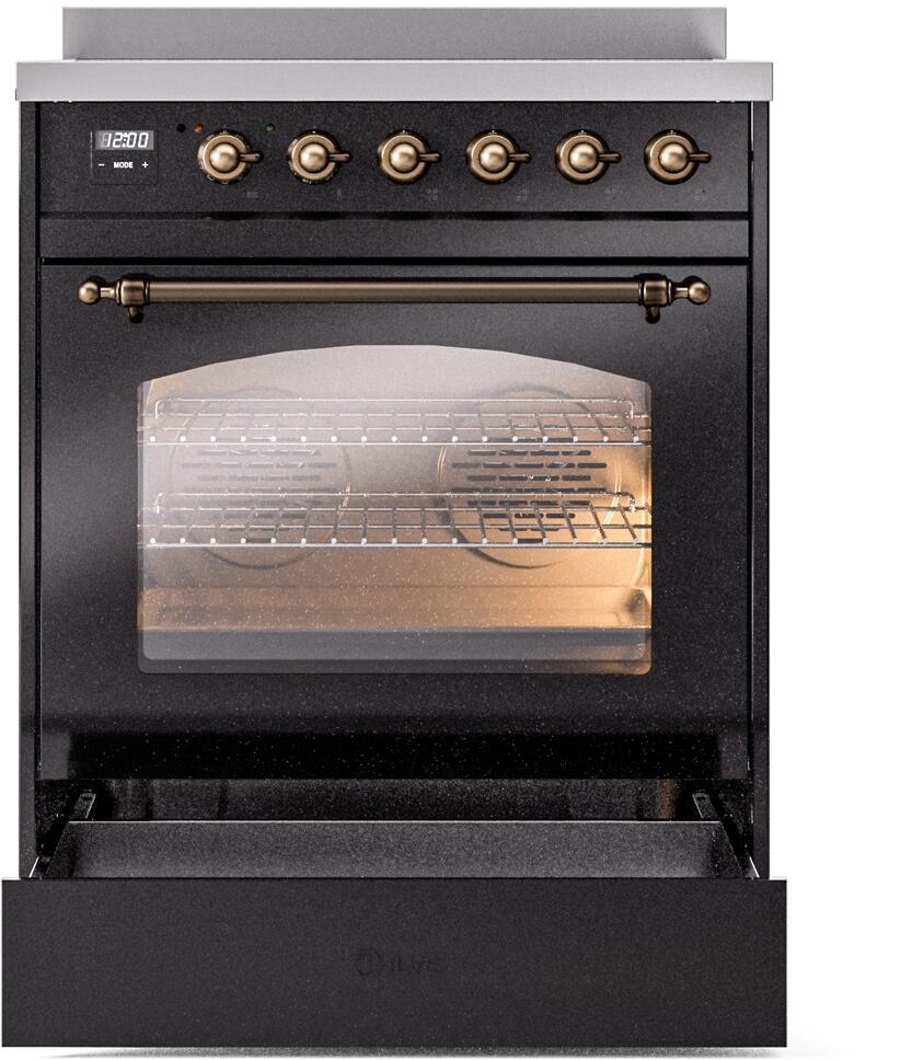 Ilve UPI304NMPBKB Nostalgie Ii 30 Inch Electric Freestanding Range In Glossy Black With Bronze Trim