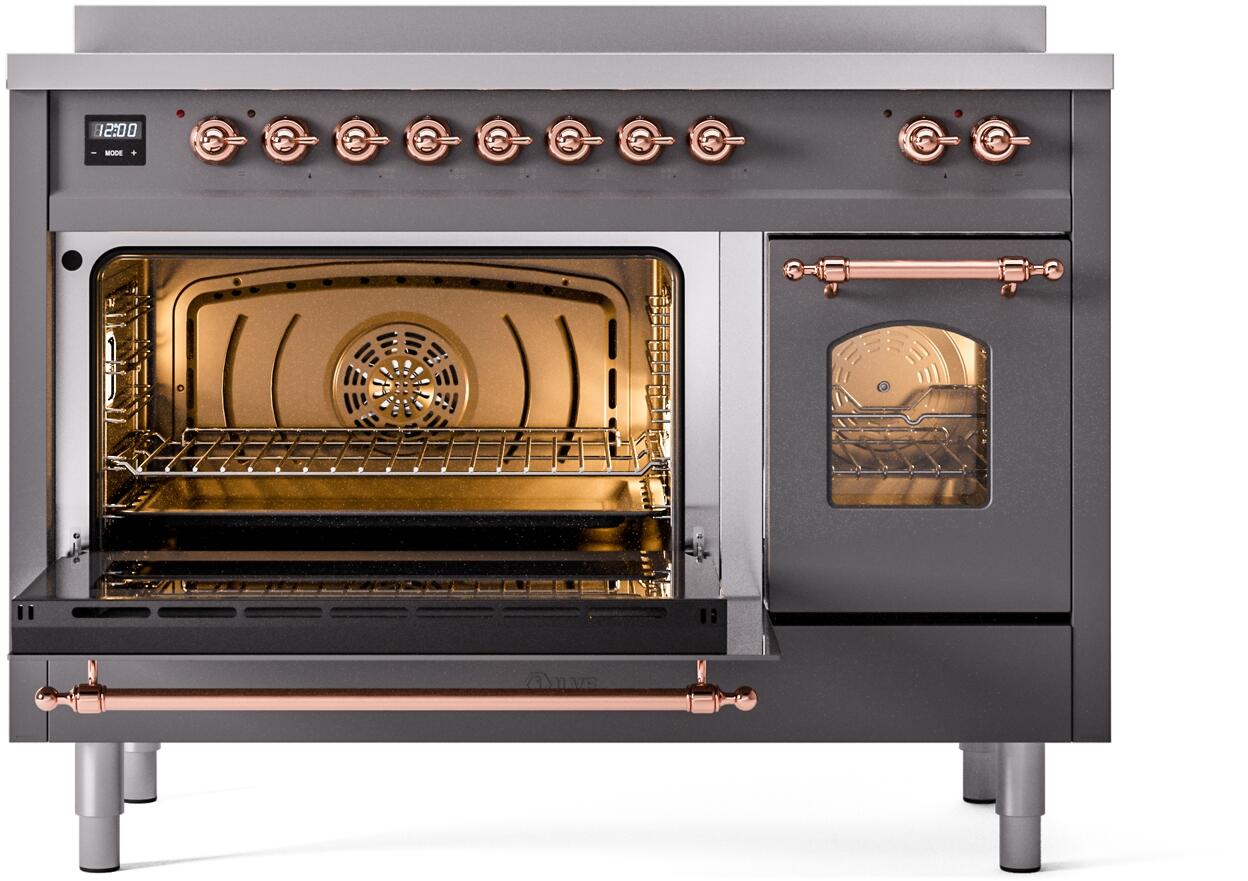 Ilve UPI486NMPMGP Nostalgie Ii 48 Inch Electric Freestanding Range In Matte Graphite With Copper Trim