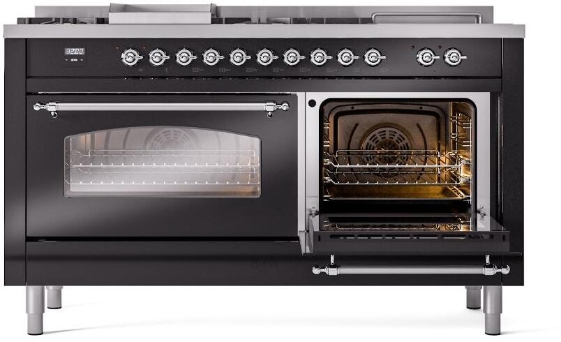 Ilve UP60FSNMPBKC Nostalgie Ii 60 Inch Dual Fuel Natural Gas Freestanding Range In Glossy Black With Chrome Trim