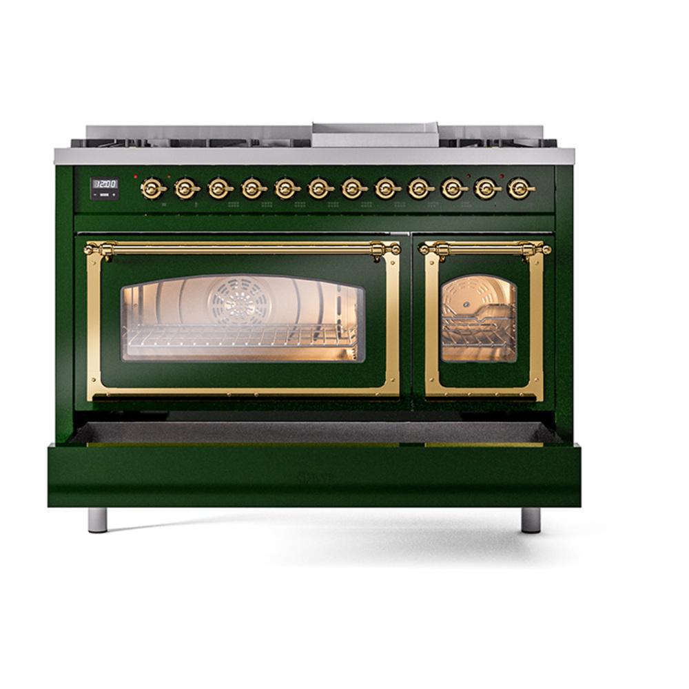 Ilve UN48FNMPEGG Ilve Un48Fnmpegg Nostalgie Ii Noblesse 48" Dual Fuel Range (8 Sealed Burners + Griddle, Natural Gas, Triple Glass Door, Emerald Green, Brass)