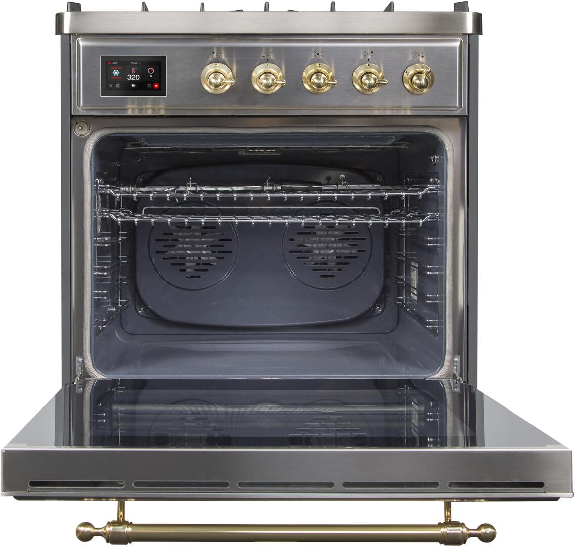 Ilve UM30DNE3SSGLP Majestic Ii 30 Inch Dual Fuel Liquid Propane Freestanding Range In Stainless Steel With Brass Trim