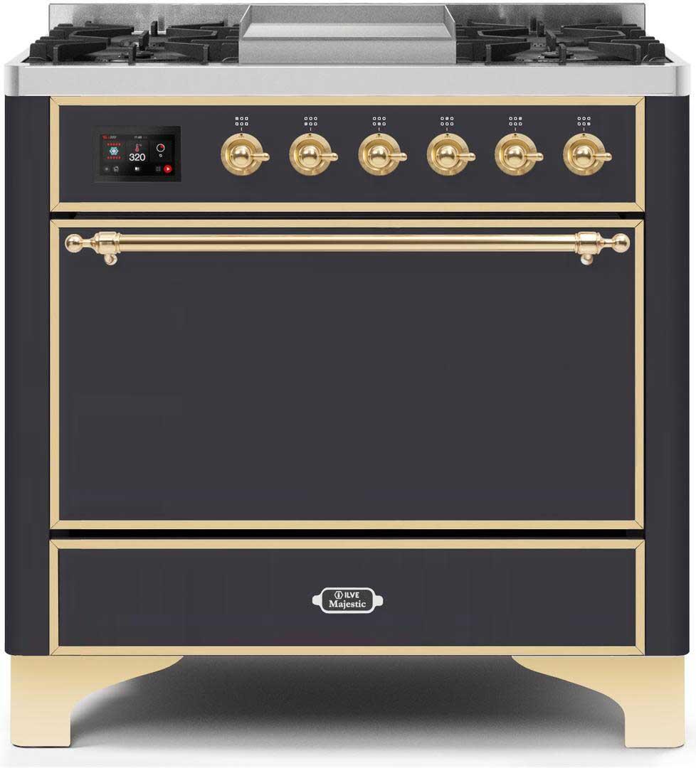 Ilve UM09FDQNS3MGGLP Majestic Ii 36 Inch Dual Fuel Liquid Propane Freestanding Range In Matte Graphite With Brass Trim