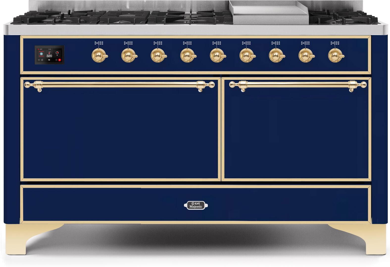 Ilve UM15FDQNS3MBG Majestic Ii 60 Inch Dual Fuel Natural Gas Freestanding Range In Midnight Blue With Brass Trim