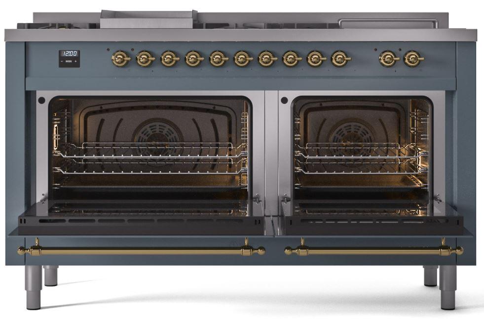 Ilve UP60FSNMPBGG Nostalgie Ii 60 Inch Dual Fuel Natural Gas Freestanding Range In Blue Grey With Brass Trim