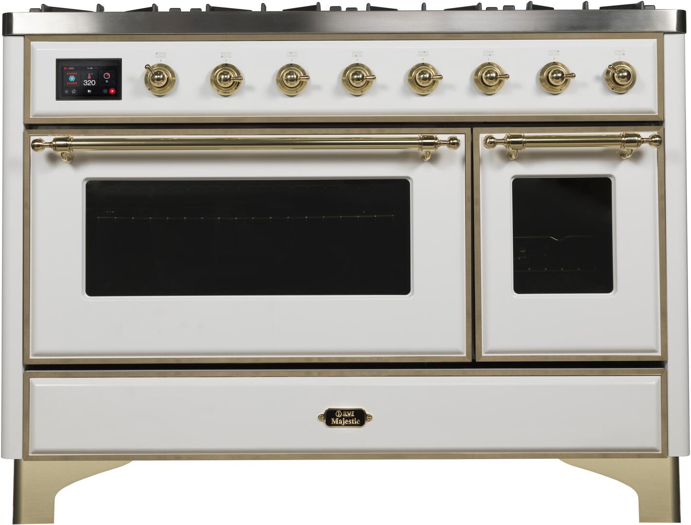 Ilve UM12FDNS3WHG Majestic Ii 48 Inch Dual Fuel Natural Gas Freestanding Range In White With Brass Trim