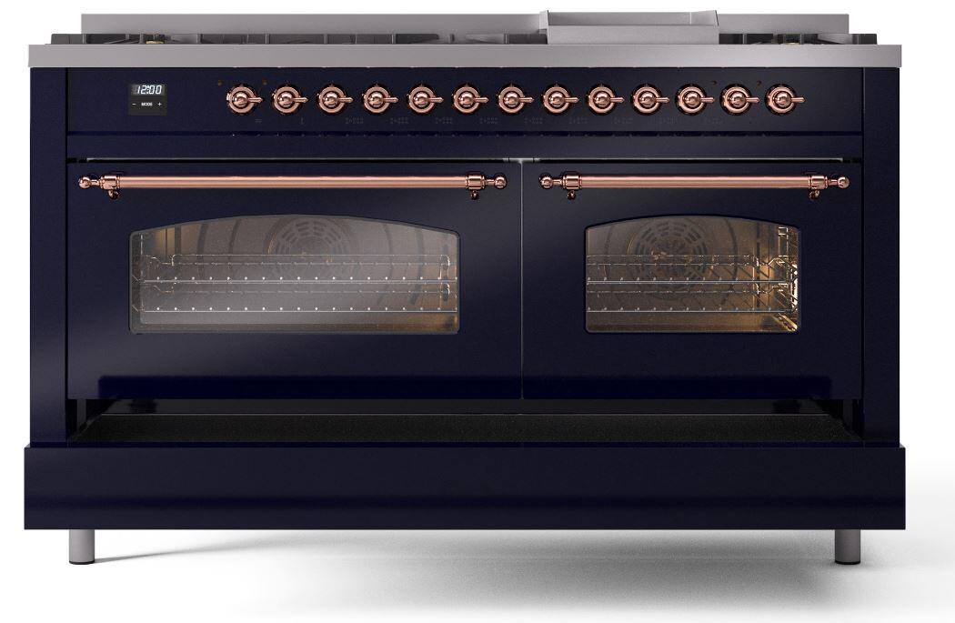 Ilve UP60FNMPMBP Nostalgie Ii 60 Inch Dual Fuel Natural Gas Freestanding Range In Blue With Copper Trim