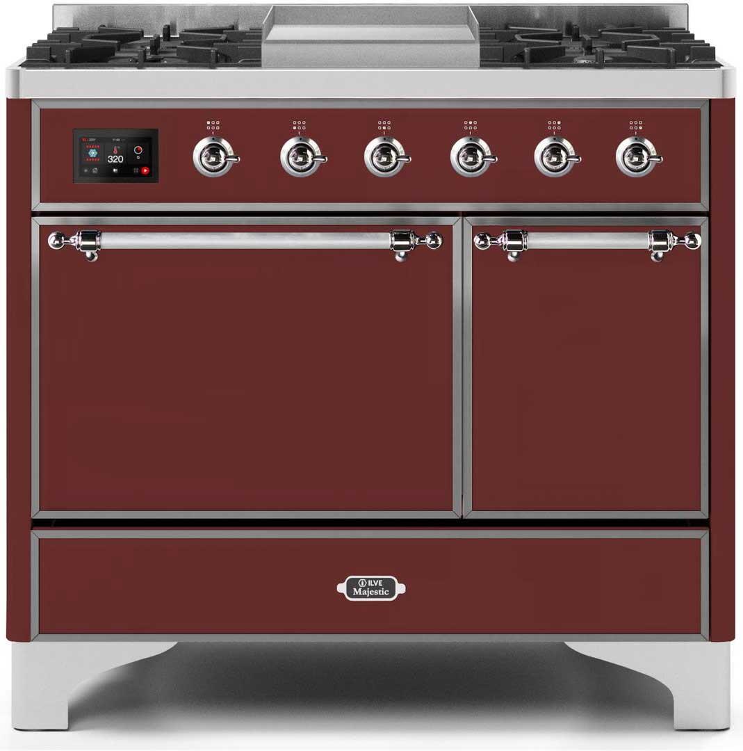 Ilve UMD10FDQNS3BUCLP Majestic Ii 40 Inch Dual Fuel Liquid Propane Freestanding Range In Burgundy With Chrome Trim