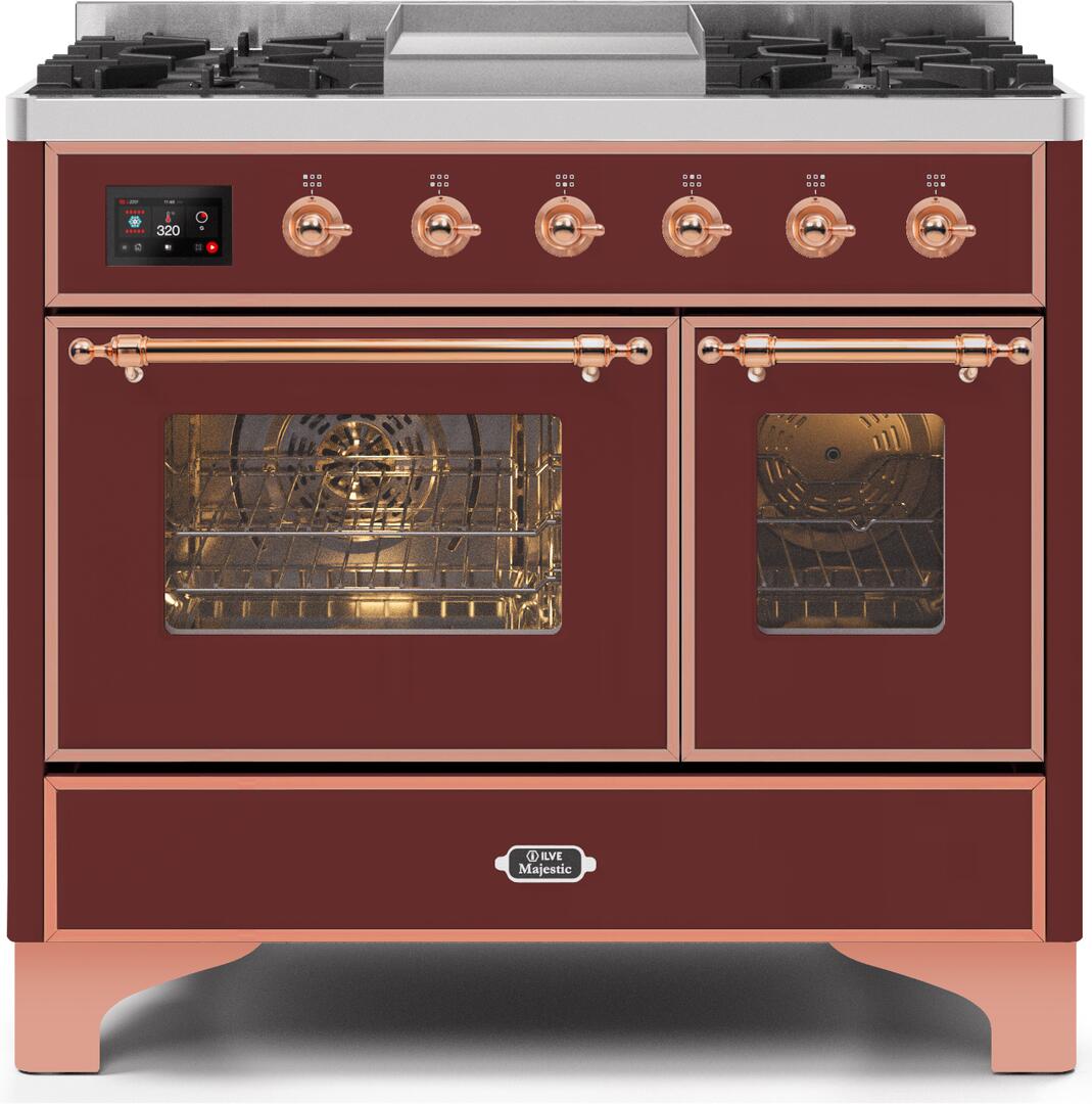 Ilve UMD10FDNS3BUP Majestic Ii 40 Inch Dual Fuel Natural Gas Freestanding Range In Burgundy With Copper Trim