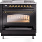 Ilve UP36FNMPBKG Nostalgie Ii 36 Inch Dual Fuel Natural Gas Freestanding Range In Glossy Black With Brass Trim