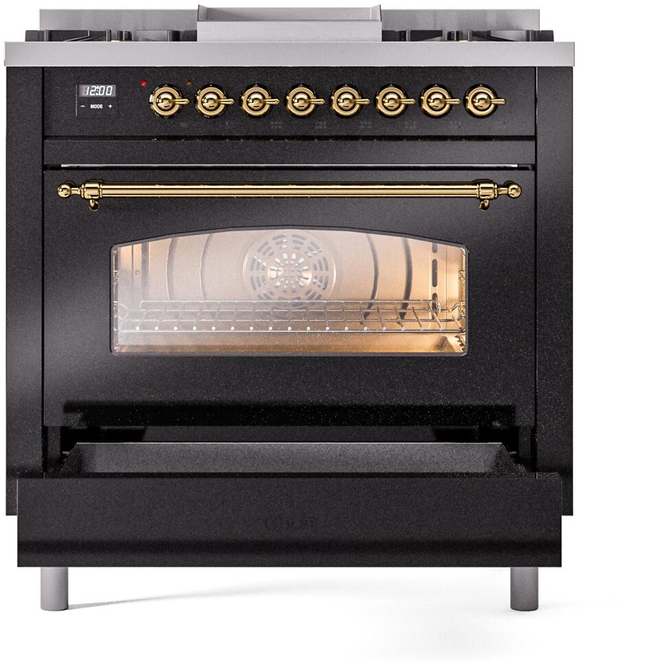 Ilve UP36FNMPBKG Nostalgie Ii 36 Inch Dual Fuel Natural Gas Freestanding Range In Glossy Black With Brass Trim