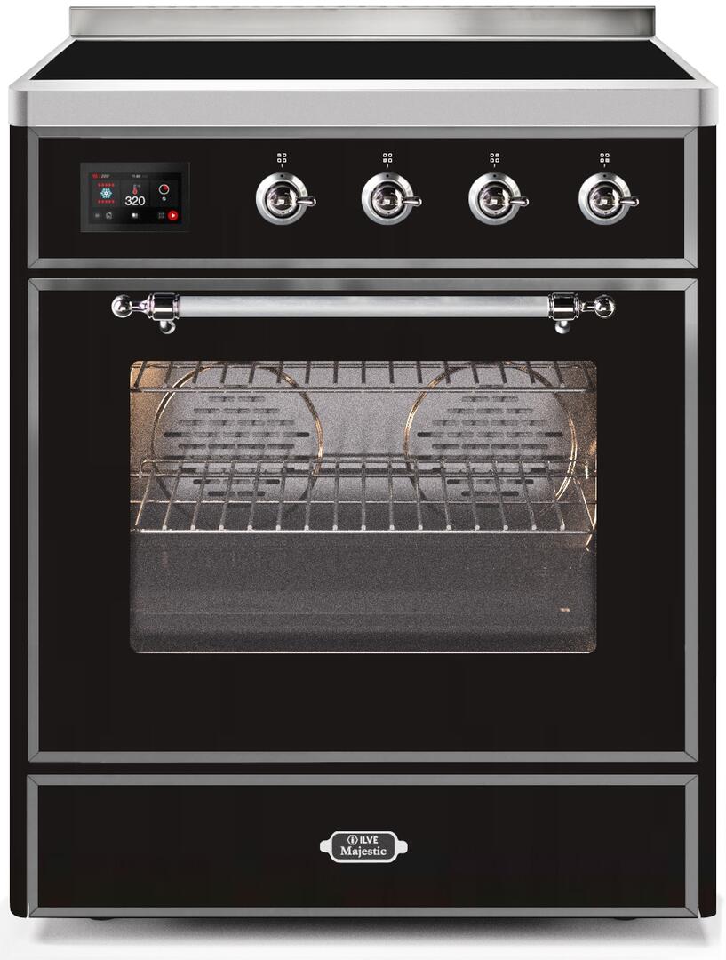 Ilve UMI30NE3BKC Majestic Ii 30 Inch Electric Freestanding Range In Glossy Black With Chrome Trim