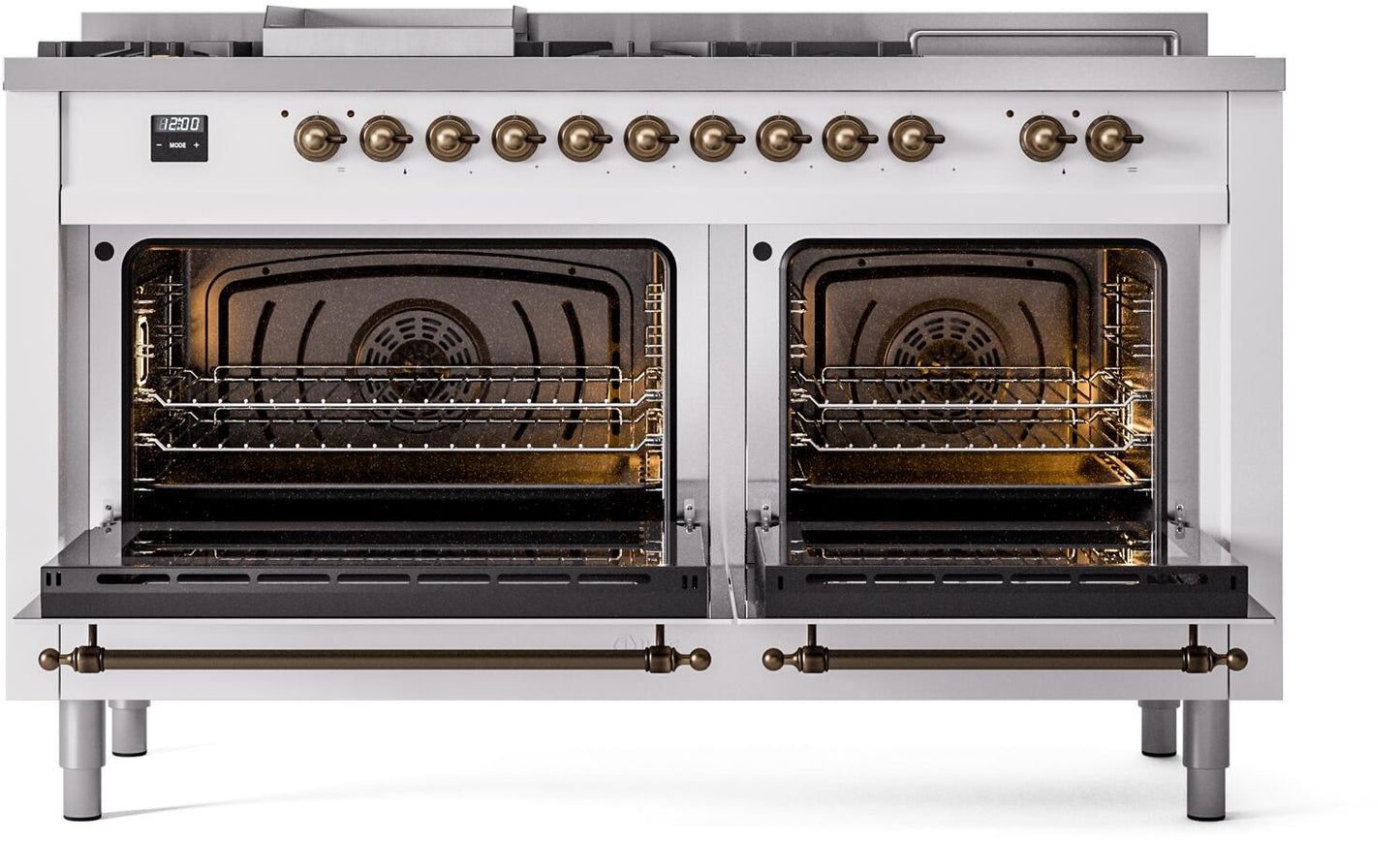 Ilve UP60FSNMPWHBLP Nostalgie Ii 60 Inch Dual Fuel Liquid Propane Freestanding Range In White With Bronze Trim