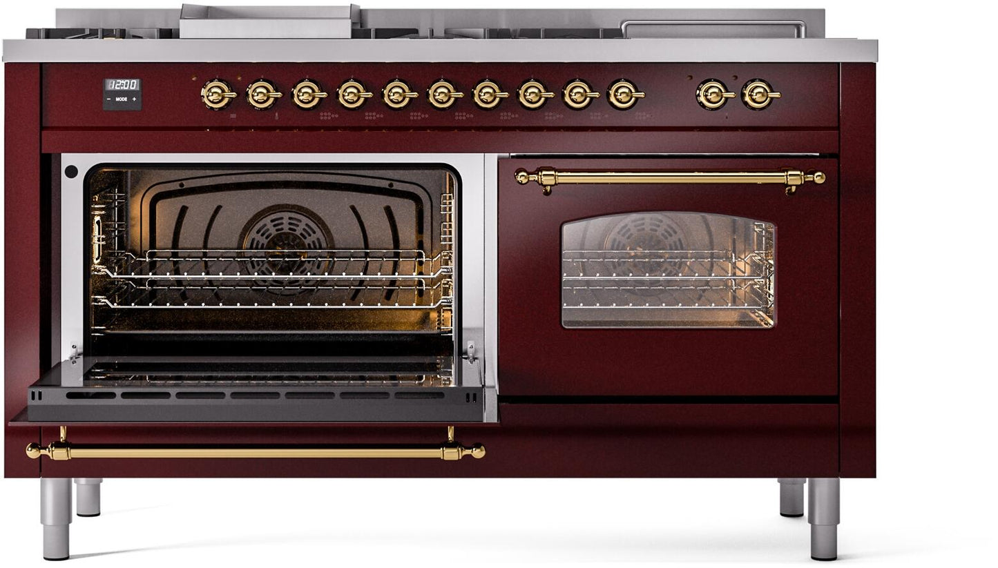 Ilve UP60FSNMPBUG Nostalgie Ii 60 Inch Dual Fuel Natural Gas Freestanding Range In Burgundy With Brass Trim