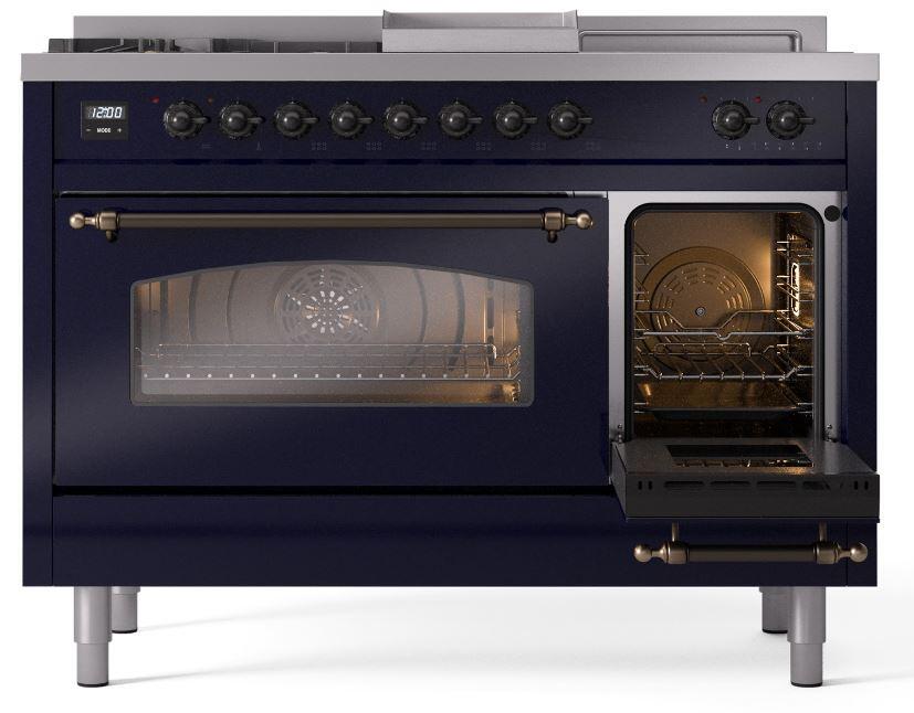 Ilve UP48FSNMPMBB Nostalgie Ii 48 Inch Dual Fuel Natural Gas Freestanding Range In Blue With Bronze Trim