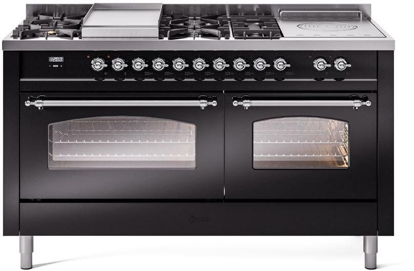 Ilve UP60FSNMPBKCLP Nostalgie Ii 60 Inch Dual Fuel Liquid Propane Freestanding Range In Glossy Black With Chrome Trim