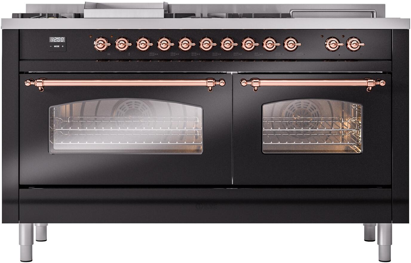 Ilve UP60FSNMPBKP Nostalgie Ii 60 Inch Dual Fuel Natural Gas Freestanding Range In Glossy Black With Copper Trim