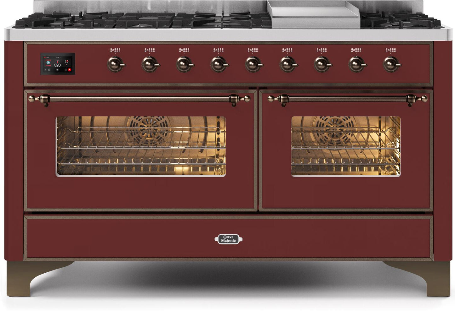 Ilve UM15FDNS3BUBLP Majestic Ii 60 Inch Dual Fuel Liquid Propane Freestanding Range In Burgundy With Bronze Trim