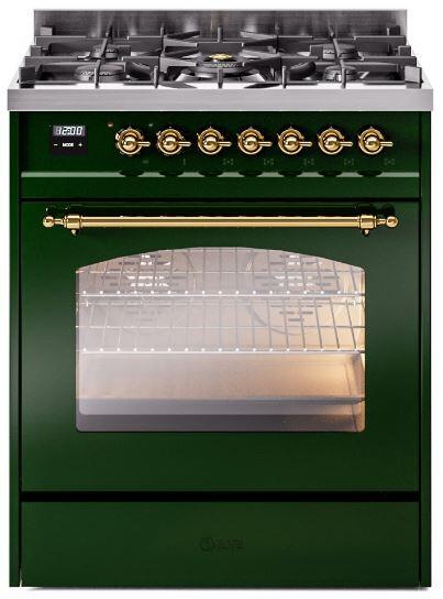 Ilve UP30NMPEGG Nostalgie Ii 30 Inch Dual Fuel Natural Gas Freestanding Range In Emerald Green With Brass Trim