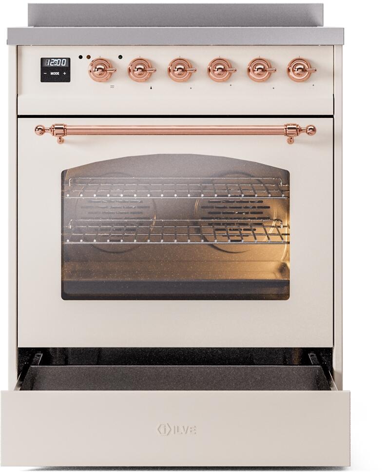 Ilve UPI304NMPAWP Nostalgie Ii 30 Inch Electric Freestanding Range In Antique White With Copper Trim