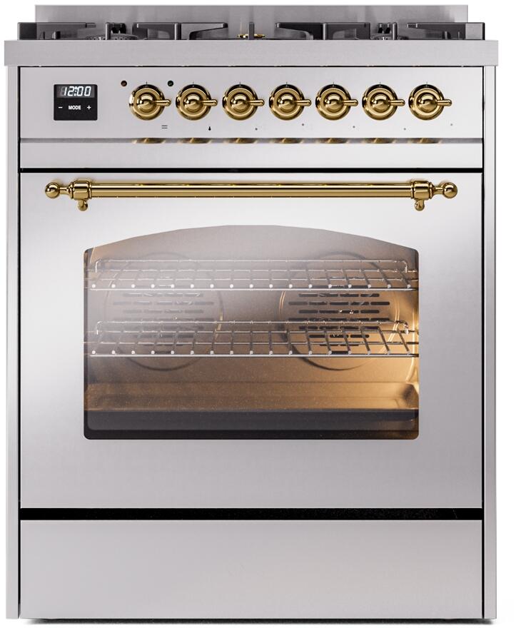 Ilve UP30NMPSSGLP Nostalgie Ii 30 Inch Dual Fuel Liquid Propane Freestanding Range In Stainless Steel With Brass Trim