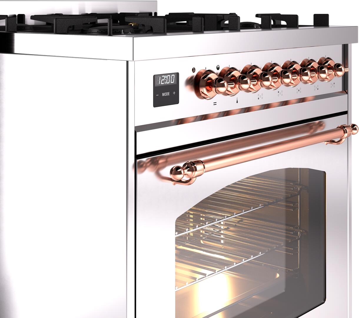 Ilve UP30NMPSSP Nostalgie Ii 30 Inch Dual Fuel Natural Gas Freestanding Range In Stainless Steel With Copper Trim