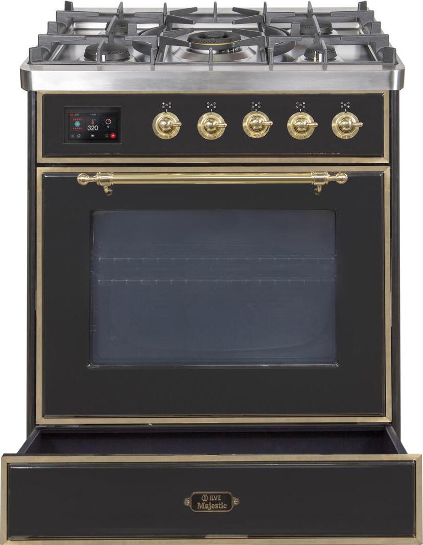 Ilve UM30DNE3BKG Majestic Ii 30 Inch Dual Fuel Natural Gas Freestanding Range In Glossy Black With Brass Trim