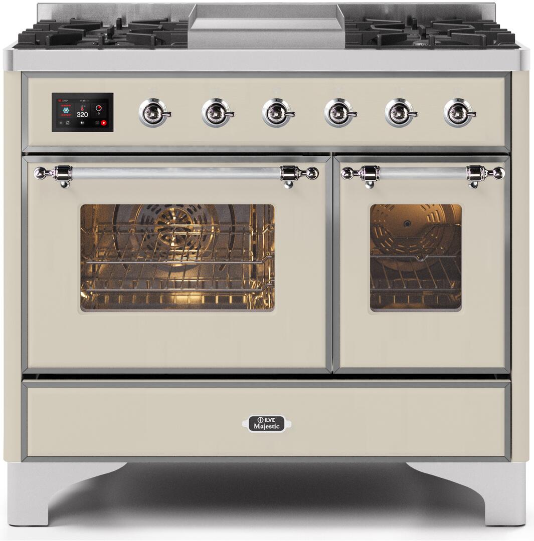 Ilve UMD10FDNS3AWC Majestic Ii 40 Inch Dual Fuel Natural Gas Freestanding Range In Antique White With Chrome Trim