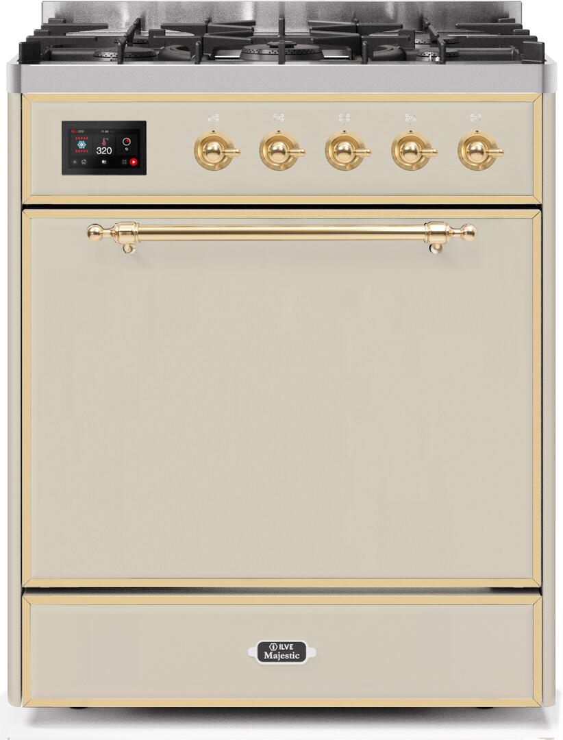 Ilve UM30DQNE3AWG Majestic Ii 30 Inch Dual Fuel Natural Gas Freestanding Range In Antique White With Brass Trim