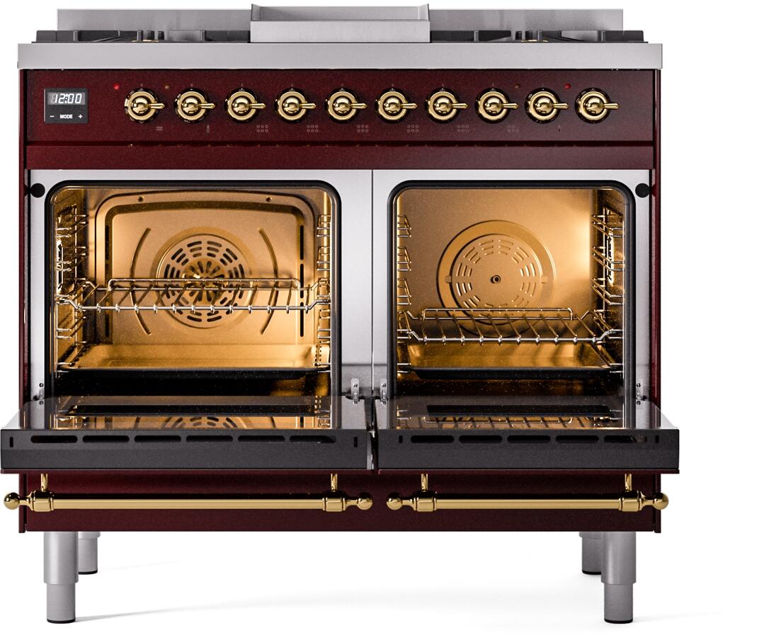 Ilve UPD40FNMPBUGLP Nostalgie Ii 40 Inch Dual Fuel Liquid Propane Freestanding Range In Burgundy With Brass Trim