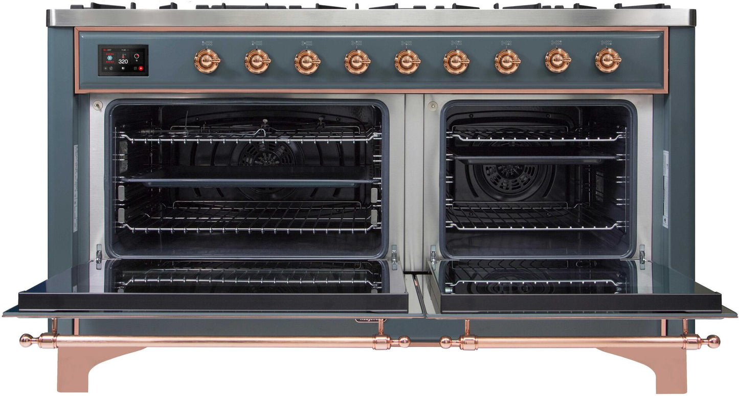 Ilve UM15FDNS3BGP Majestic Ii 60 Inch Dual Fuel Natural Gas Freestanding Range In Blue Grey With Copper Trim