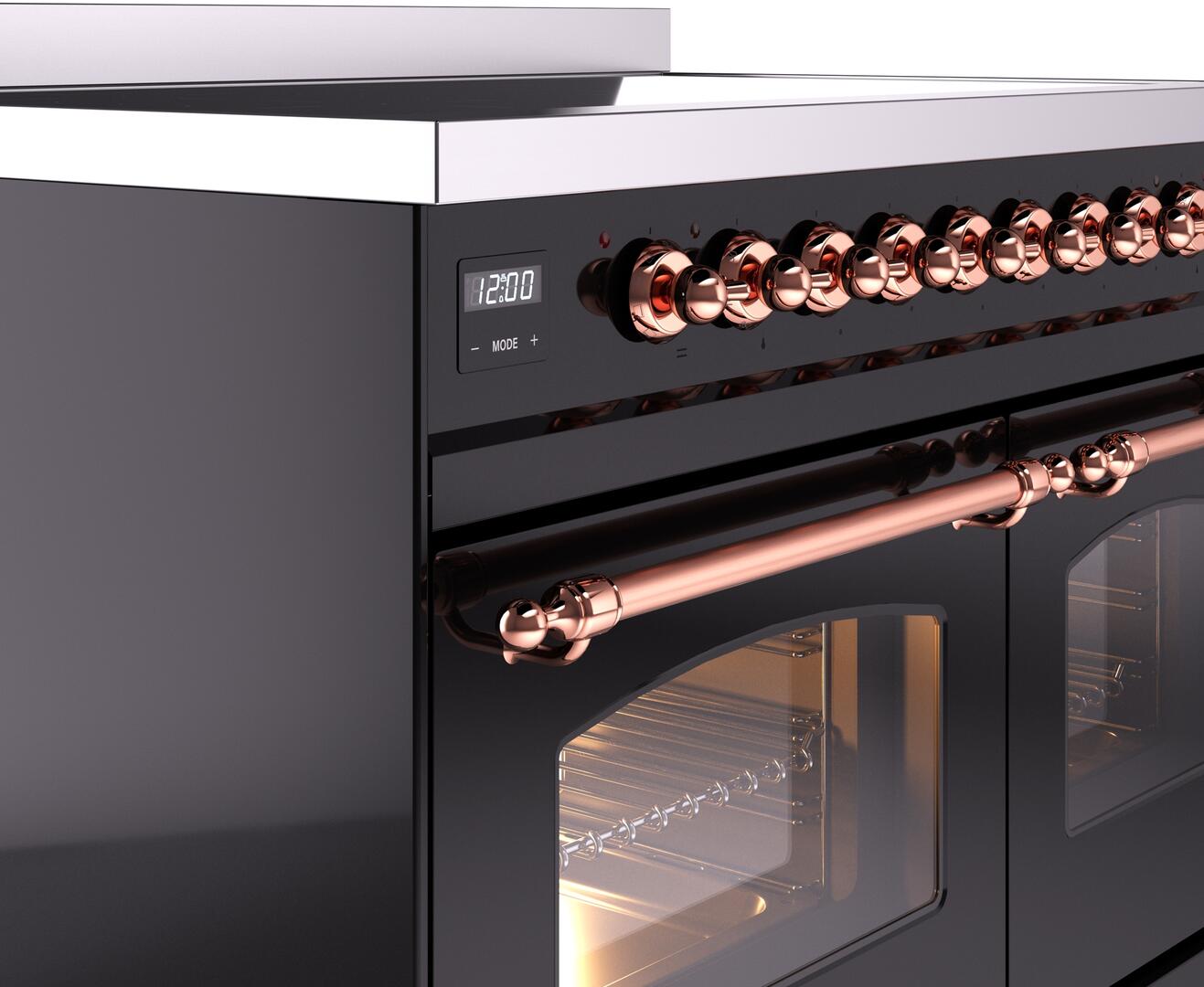 Ilve UPDI406NMPBKP Nostalgie Ii 40 Inch Electric Freestanding Range In Glossy Black With Copper Trim