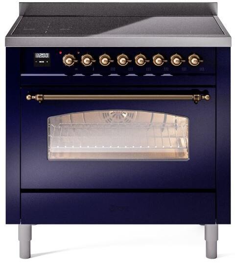 Ilve UPI366NMPMBB Nostalgie Ii 36 Inch Electric Freestanding Range In Blue With Bronze Trim