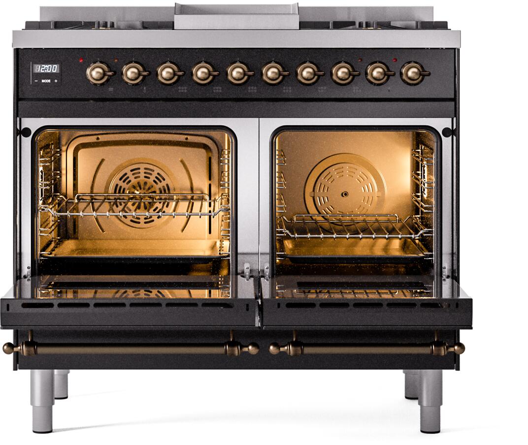 Ilve UPD40FNMPBKBLP Nostalgie Ii 40 Inch Dual Fuel Liquid Propane Freestanding Range In Glossy Black With Bronze Trim