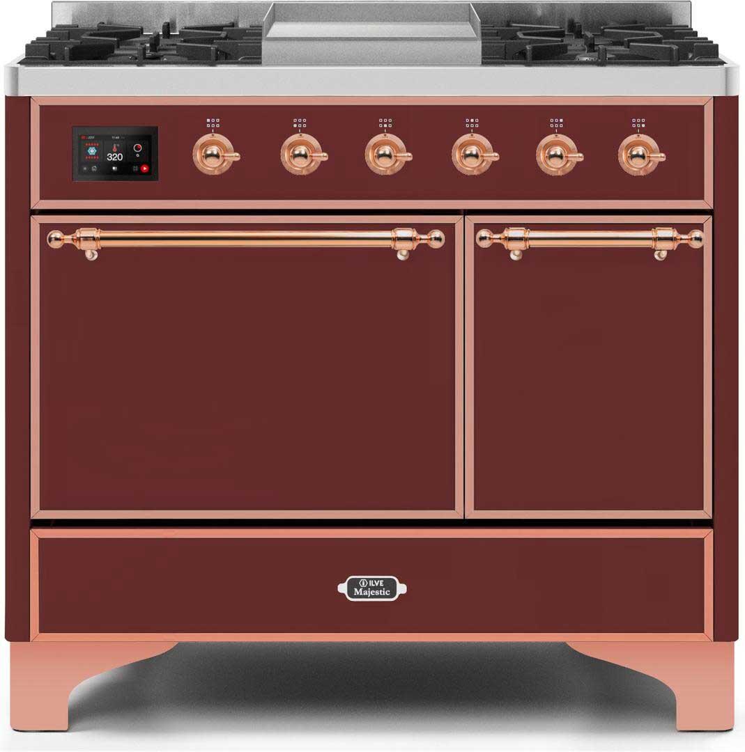 Ilve UMD10FDQNS3BUPLP Majestic Ii 40 Inch Dual Fuel Liquid Propane Freestanding Range In Burgundy With Copper Trim