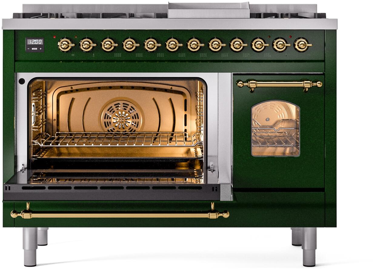 Ilve UP48FNMPEGGLP Nostalgie Ii 48 Inch Dual Fuel Liquid Propane Freestanding Range In Emerald Green With Brass Trim