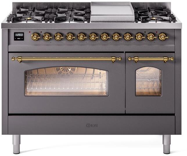 Ilve UP48FNMPMGG Nostalgie Ii 48 Inch Dual Fuel Natural Gas Freestanding Range In Matte Graphite With Brass Trim