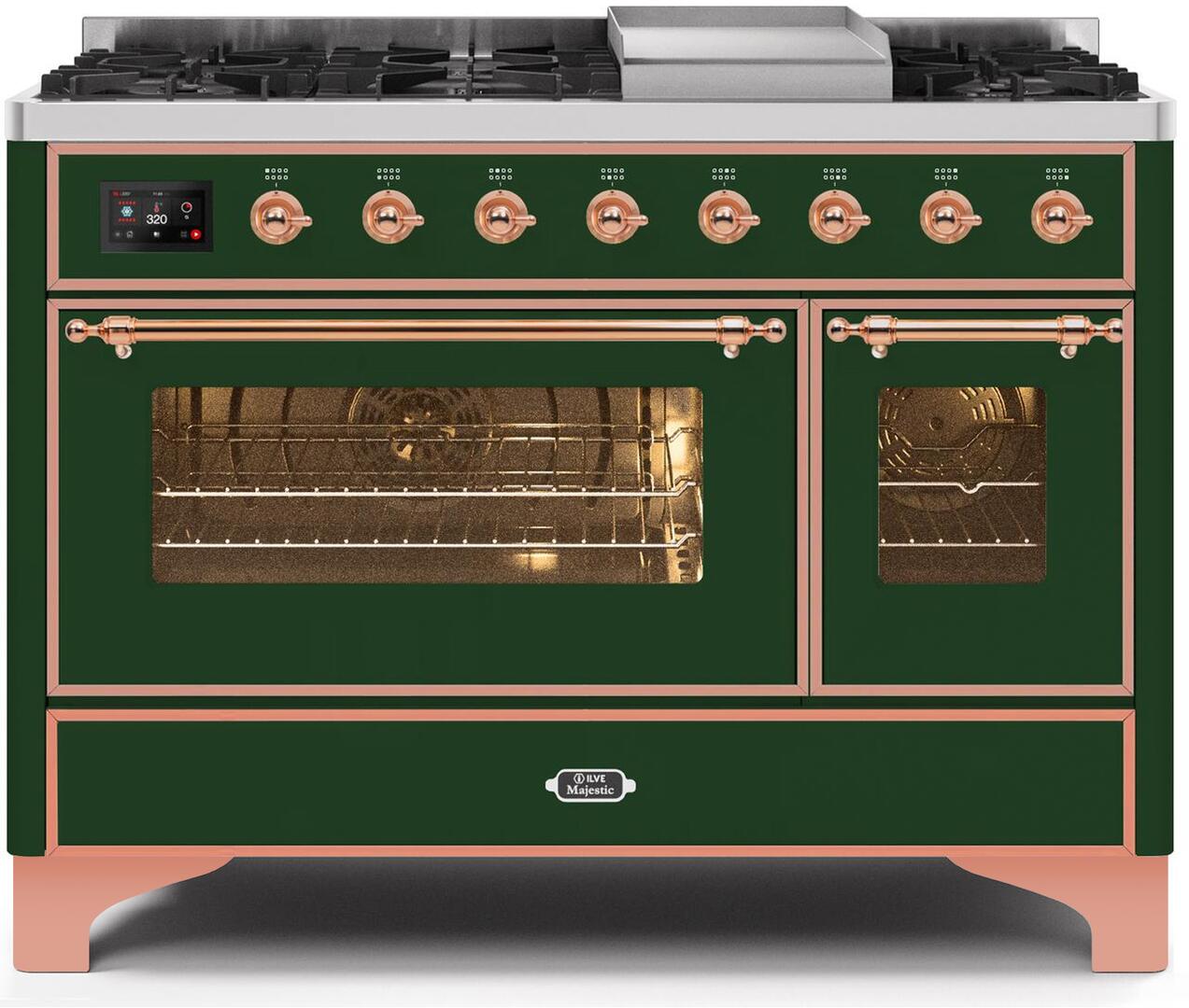 Ilve UM12FDNS3EGPLP Majestic Ii 48 Inch Dual Fuel Liquid Propane Freestanding Range In Emerald Green With Copper Trim