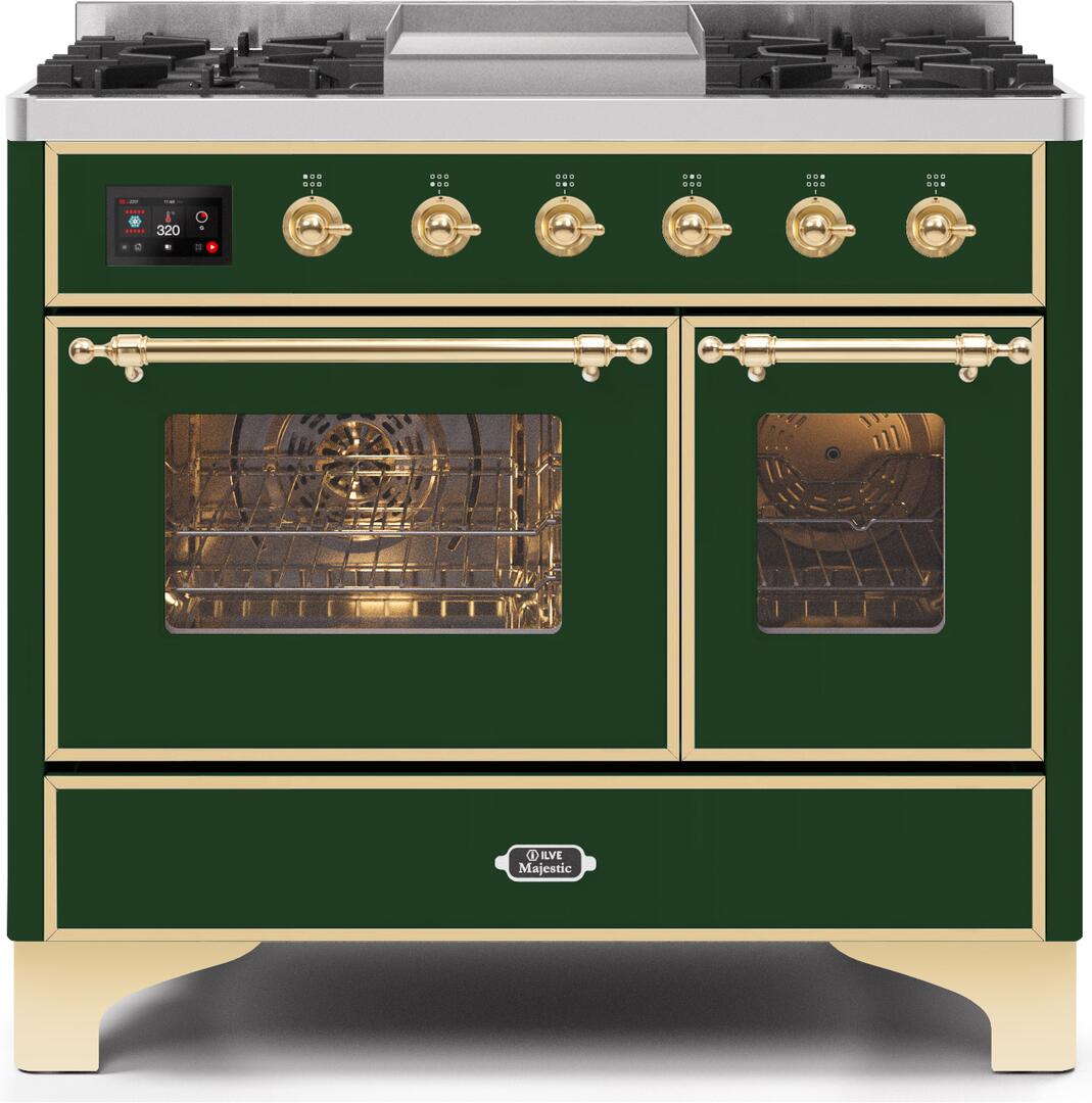 Ilve UMD10FDNS3EGG Majestic Ii 40 Inch Dual Fuel Natural Gas Freestanding Range In Emerald Green With Brass Trim