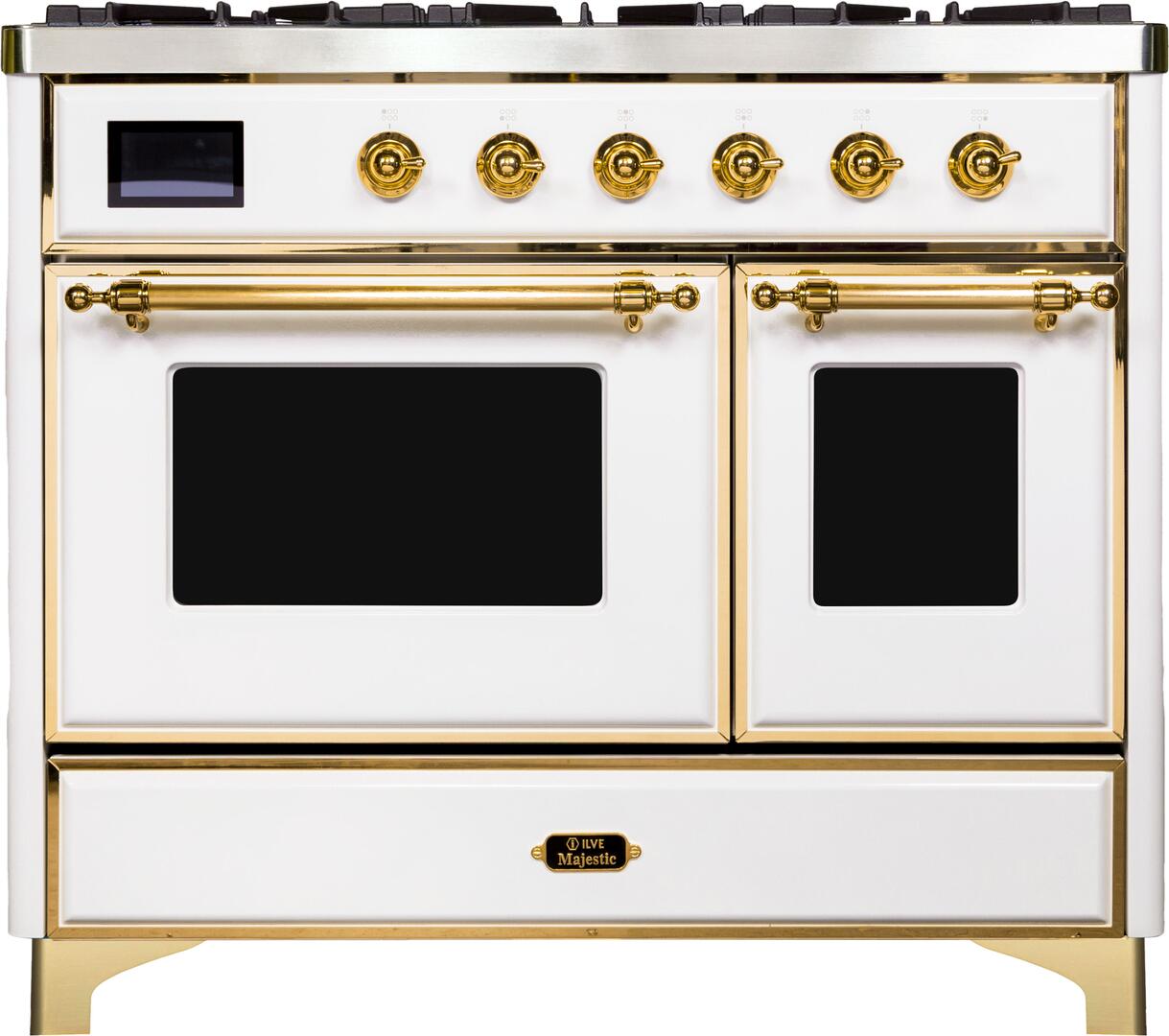 Ilve UMD10FDNS3WHG Majestic Ii 40 Inch Dual Fuel Natural Gas Freestanding Range In White With Brass Trim