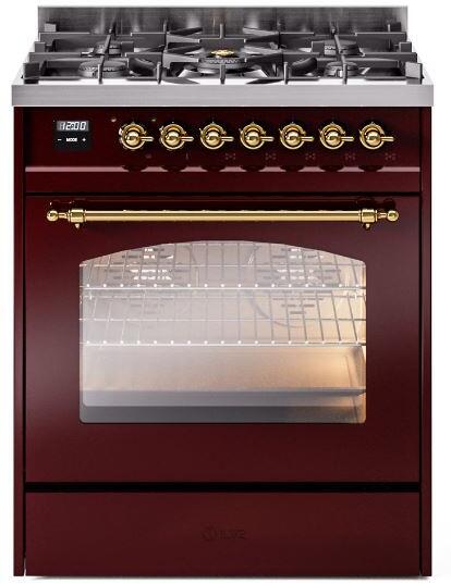 Ilve UP30NMPBUG Nostalgie Ii 30 Inch Dual Fuel Natural Gas Freestanding Range In Burgundy With Brass Trim