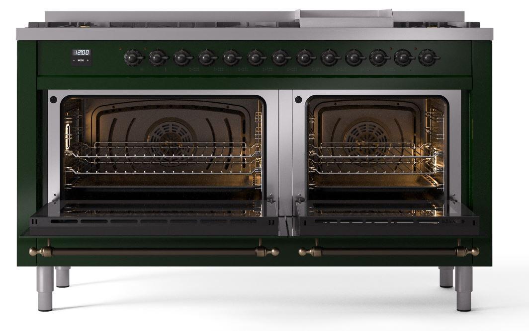 Ilve UP60FNMPEGBLP Nostalgie Ii 60 Inch Dual Fuel Liquid Propane Freestanding Range In Emerald Green With Bronze Trim