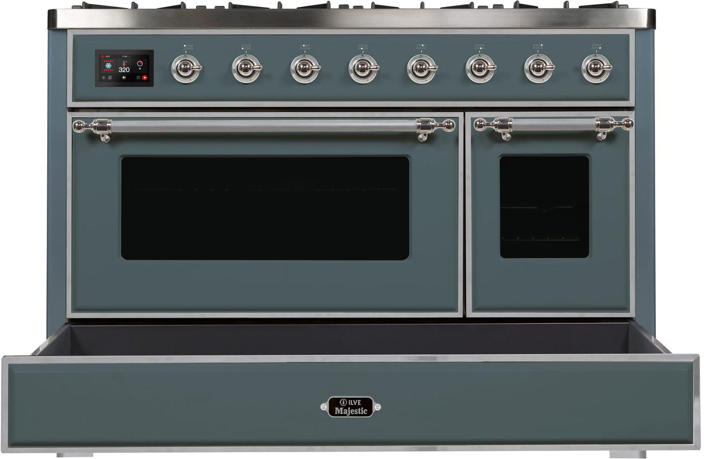 Ilve UM12FDNS3BGCLP Majestic Ii 48 Inch Dual Fuel Liquid Propane Freestanding Range In Blue Grey With Chrome Trim