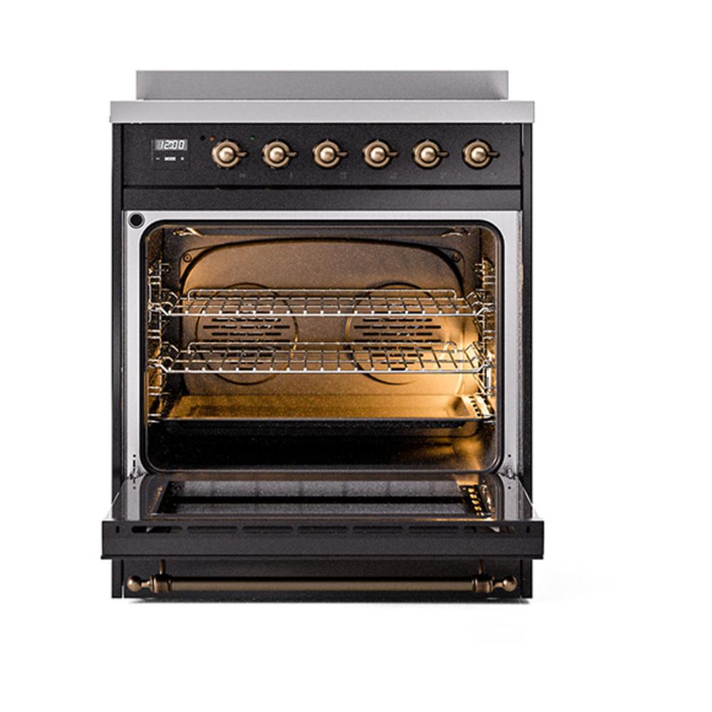 Ilve UNI304NMPBKB Ilve Uni304Nmpbkb Nostalgie Ii Noblesse 30" Induction Range (Triple Glass Door, Glossy Black, Burnished)