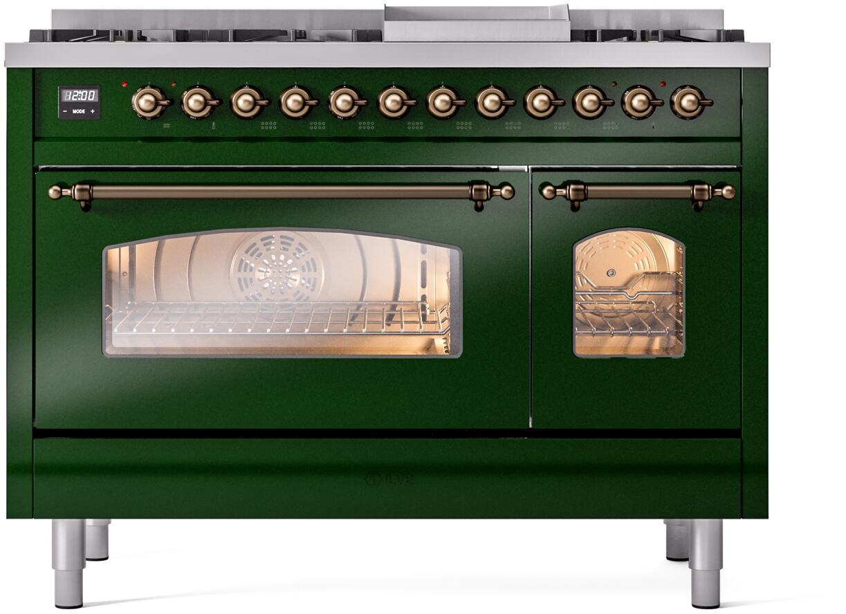 Ilve UP48FNMPEGB Nostalgie Ii 48 Inch Dual Fuel Natural Gas Freestanding Range In Emerald Green With Bronze Trim