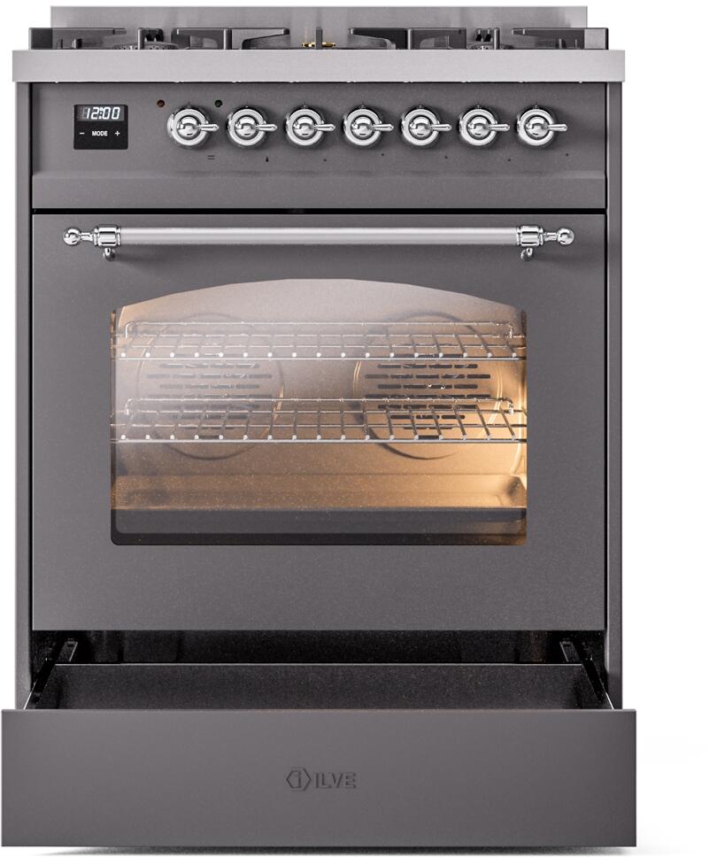 Ilve UP30NMPMGCLP Nostalgie Ii 30 Inch Dual Fuel Liquid Propane Freestanding Range In Matte Graphite With Chrome Trim