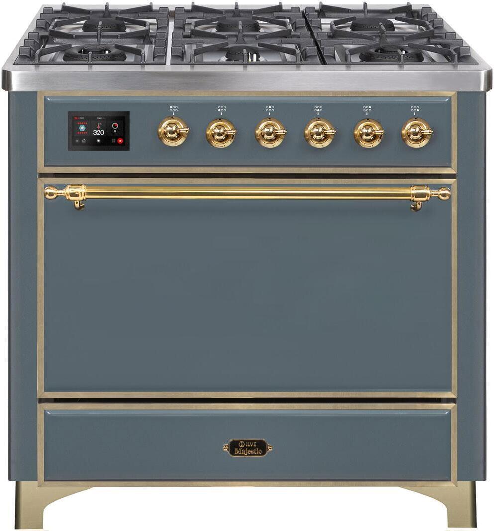 Ilve UM09FDQNS3BGGLP 36 Inch Dual Fuel Liquid Propane Freestanding Range In Blue Grey With Brass Trim